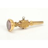 A LATE VICTORIAN WATCH KEY, designed with a circular amethyst terminal to the shield shaped grip