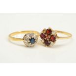 TWO GEM SET RINGS, the first a garnet cluster with outer split pearl detail, one split pearl