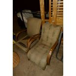 A VICTORIAN WALNUT BANANA CHAIR together with a similar chair (2)