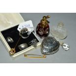 TWO GLASS SCENT BOTTLES, a heart shaped silver pill box, s.d., a box of jewellery including white