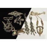 SIX ITEMS OF MARCASITE JEWELLERY, to include a marcasite and enamel chariot brooch, three further