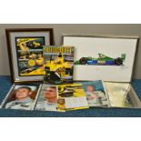 A COLLECTION OF MOTORSPORT EPHEMERA, comprising a signed framed Ian Hutchinson print of the Jordan