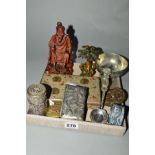 A BOX OF ORIENTAL COLLECTABLES AND METALWARES, including a Chinese white metal panel cast with