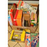 A BOX AND LOOSE SUNDRY ITEMS, to include two boxed Vulcan Countess child's sewing machines,