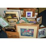 TWO BOXES AND LOOSE OF FRAMED AND UNFRAMED WATERCOLOURS, PRINTS, embroideries, etchings etc