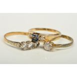 THREE RINGS, the first an 18ct gold sapphire and diamond dress ring, designed as a central cluster