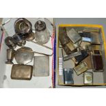 A BOX OF ASSORTED VESTA CASES, cigarette lighters and a cigarette case together with a pair of