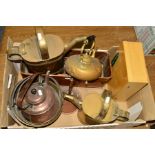 A BOX OF METALWARE, including two rectangular copper planters, a squat copper kettle, imprinted