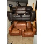 A BLACK LEATHER SISITALIA TWO SEATER SETTEE MATCHED WITH A POUFFE together with a pair of tan