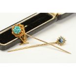 TWO STICKPINS, the first a late Victorian stickpin, the central circular panel set with turquoise