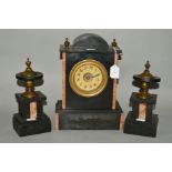 A SLATE AND MARBLE MANTLE CLOCK AND GARNITURE, the clock having Arabic numerals to yellowed dial,
