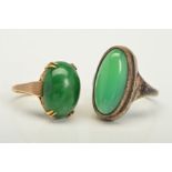 TWO RINGS, the first a 9ct gold green cabochon gem within a four double claw setting, with 9ct