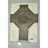 A SIGNED BRONZE CRUCIFIX, having raised head of Jesus wearing crown of thorns, mounted on marble,