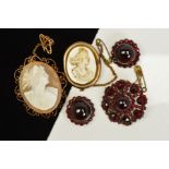 A BOHEMIAN GARNET BROOCH AND PAIR OF EARRINGS AND TWO CAMEO BROOCHES, the brooch designed with a