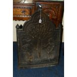 A 19TH CENTURY CAST IRON 'TREE OF LIFE' FIRE BACK, width 50cm x height 75cm