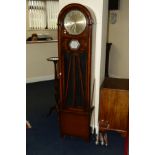 AN EARLY 20TH CENTURY OAK LONGCASE CLOCK, arched top, silvered dial with Arabic numerals and