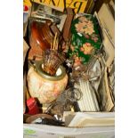 ONE BOX AND LOOSE CERAMICS, GLASS, PICTURES, SUNDRIES ETC including lace-makers bobbins, pair of