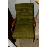 A MID 20TH CENTURY TEAK GREEN DRAYLON UPHOLSTERED FIRESIDE CHAIR (this chair does not comply with