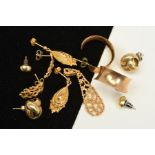 FIVE PAIRS OF EARRINGS AND A PENDANT, to include a 9ct gold textured openwork pear shape pendant,