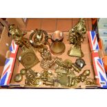 A BOX OF BRASS AND OTHER METALWARE ETC, to include pair 'Britains Pride' doorstops shaped as