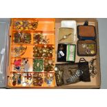 A SELECTION OF COSTUME JEWELLERY, BUTTONS, WATCHES etc, to include military buttons, badges,