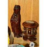 A TREEN PEDESTAL MONEY BOX, with hinged lid, height 10cm (base chipped and no key), together with an