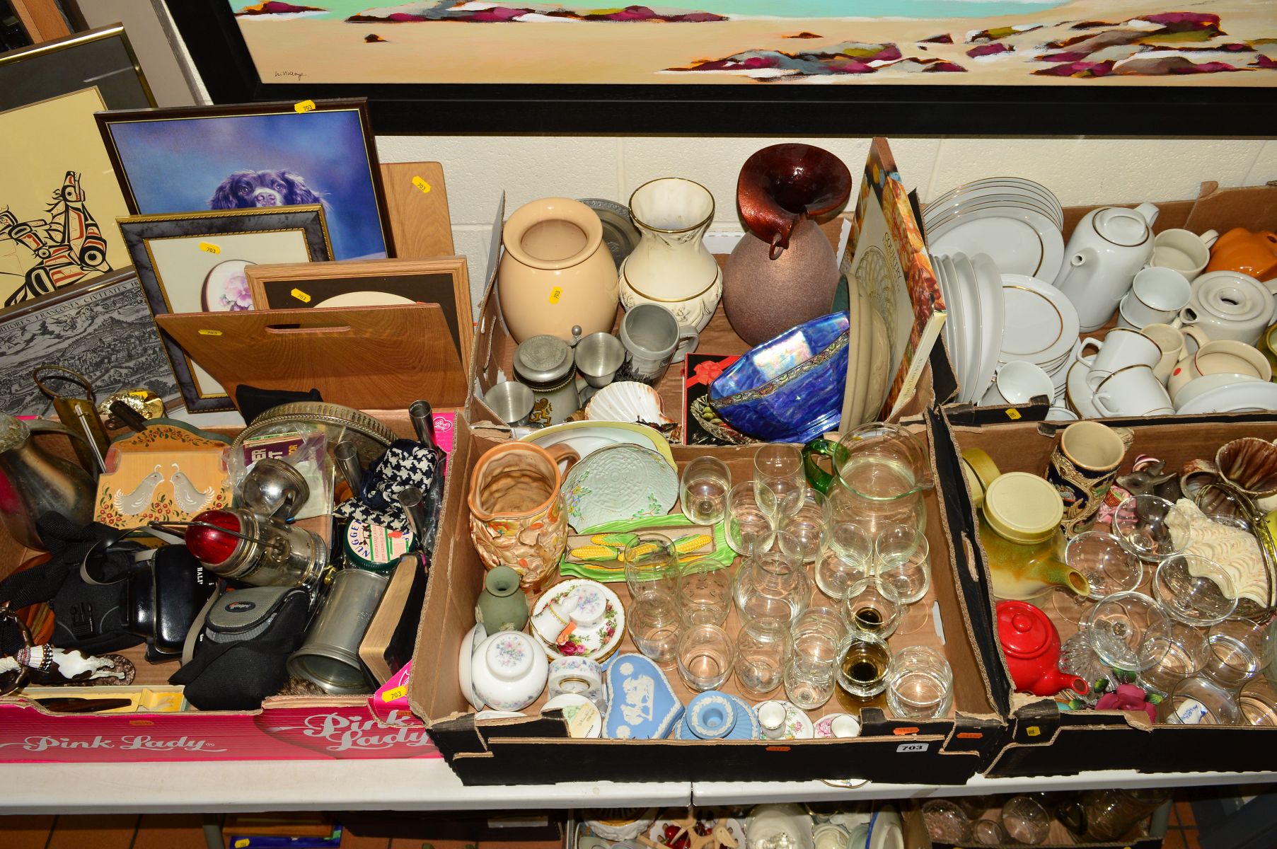 FIVES BOXES AND LOOSE GLASSWARES, CERAMICS, PICTURES, etc, to include Roy Henry Vickers 'Big