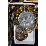 A BOX OF SILVER PLATE, including a silver napkin ring, a Christofle Gallia bowl, loose cutlery,