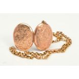 AN EARLY 20TH CENTURY 9CT BACK AND FRONT LOCKET AND A 9CT CHAIN, the oval locket engraved with