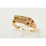 A LATE VICTORIAN 15CT GOLD GEM SET BUCKLE RING, of double belt buckle design set with two circular