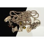 A SELECTION OF SILVER AND WHITE METAL JEWELLERY, to include three necklaces, two bracelets, three