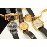 FIVE WRISTWATCHES, to include a mechanical 9ct gold cased Everite watch, yellow oval dial with black