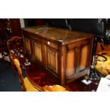 A REPRODUCTION OAK LINENFOLD BLANKET CHEST, width 98cm x depth 43cm x height 59cm