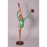 A MODERN BRONZED FIGURE, depicting rhythmic gymnast with ball, wearing green leotard, height 59cm