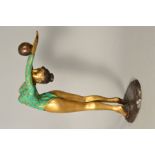 A MODERN BRONZED FIGURE depicting rythmic gymnast with ball, wearing green leotard, height 37cm