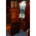 A SMALL MAHOGANY OPEN BOOKCASE with a single drawer, together with a corner cabinet and a hi fi