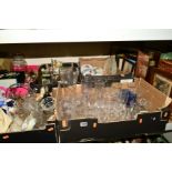 FIVE BOXES AND LOOSE OF ASSORTED CERAMICS, GLASS, clocks, bowls, pictures, picnic basket etc, to