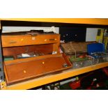 THREE VINTAGE WOODEN TOOL CHESTS WITH VARIOUS HAND TOOLS to include planers, measurement devices,