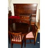 A STAG MAHOGANY EXTENDING DINING TABLE, four chairs, together with a matching dresser with three