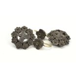 A PAIR OF LATE VICTORIAN BOG OAK DROP EARRINGS, each designed as a circular carved floral panel with
