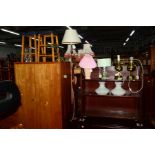 A MAHOGANY OPEN BOOKCASE, together with a teak double door wardrobe (key), a pair of stools, a