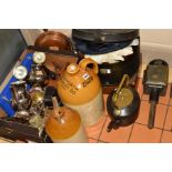 A BOX AND LOOSE SUNDRY ITEMS, to include stoneware flagon 'Nailsworth Brewery Co Ltd', two coach