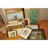 A BOX AND LOOSE PICTURES AND PRINTS, to include amateur watercolours, Victorian style prints,