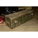 A 19TH CENTURY RECTANGULAR PAINTED PINE METAL BANDED TOOL CHEST with twin metal handles, width 103cm