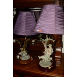 TWO FIGURAL TABLE LAMPS to include a boy and girl on a swing and a hawk with shades