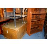 A VICTORIAN STAINED PINE TOOL CHEST and an oak open bookcase (2)