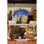 TWO BOXES OF CERAMICS, GLASS AND WOODWORKING TOOLS, etc to include large floral meat platter, blue