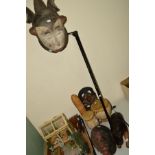 NATIVE ART INTEREST, Congo Salampusa mask, leather figure of a Hippopotamus, pair of drums, hardwood