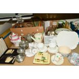 TWO BOXES AND LOOSE MISCELLANEOUS CERAMICS, GLASS SUNDRIES AND METALWARE, etc to include Shelley,
