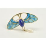 A PLIQUE-A-JOUR GEM BROOCH, the organic shape with blue plique-a-jour enamel wings, central oval